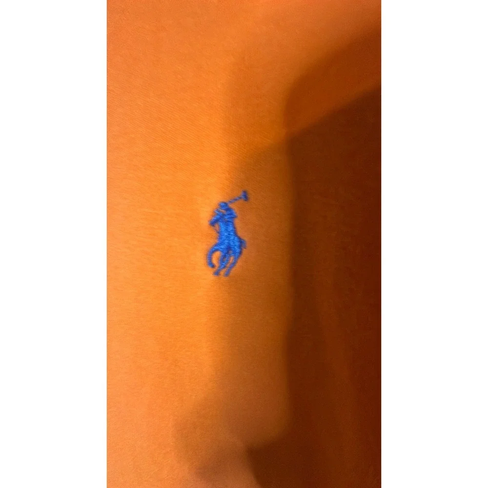 Polo Ralph Lauren short sleeve orange with aqua blue pony collar wear side torn